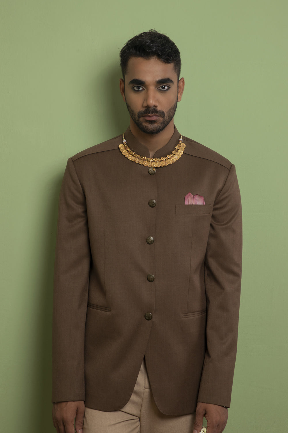 Faded Brown Classic Bandhgala With Pleated Shoulder