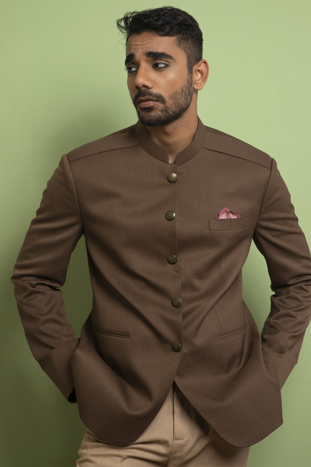 Faded Brown Classic Bandhgala With Pleated Shoulder