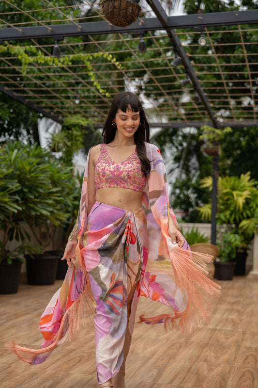 Marshmallow Sorbet In Bali Draped Skirt Indowestern Set