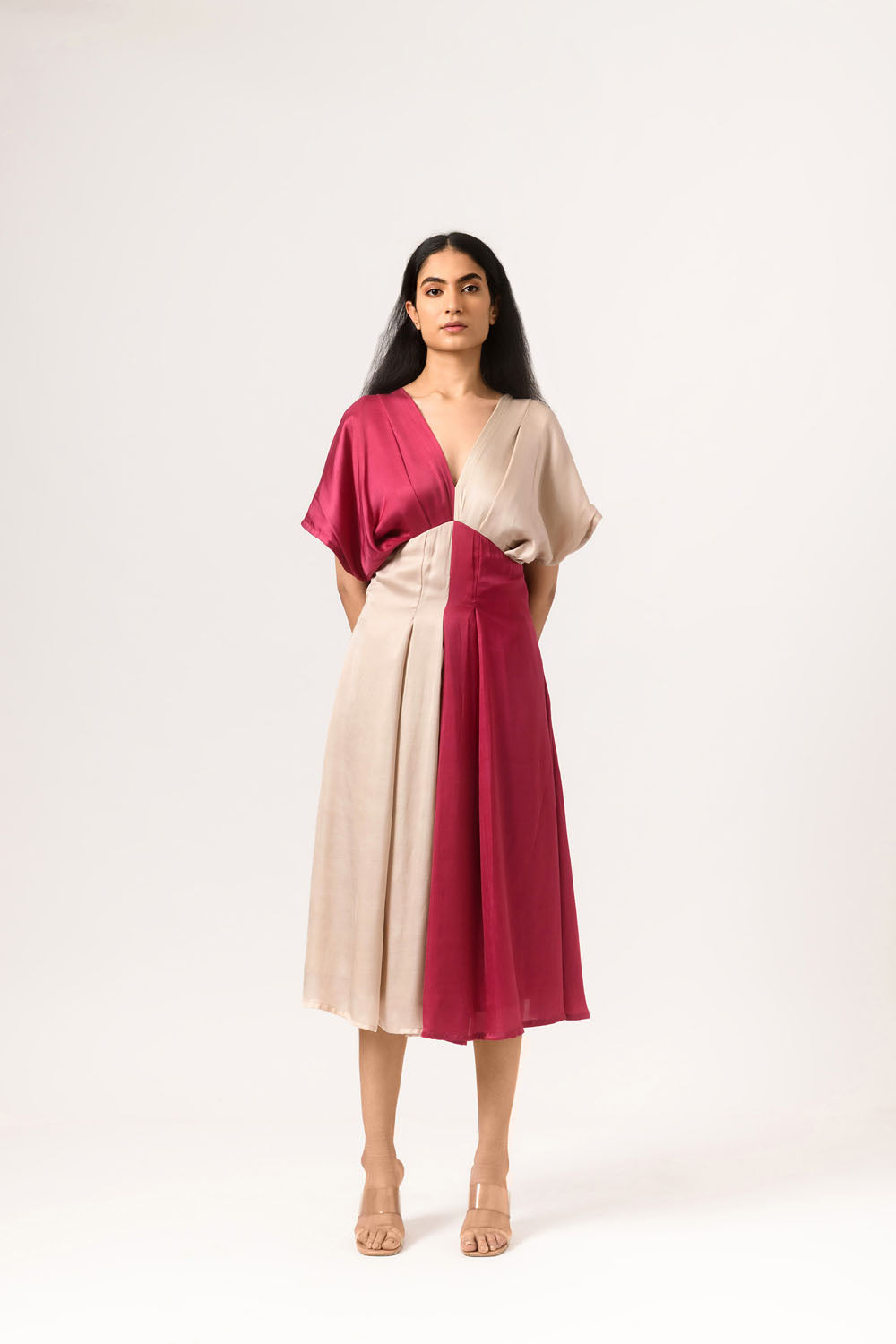 Wine-Ecru Panelled Dress