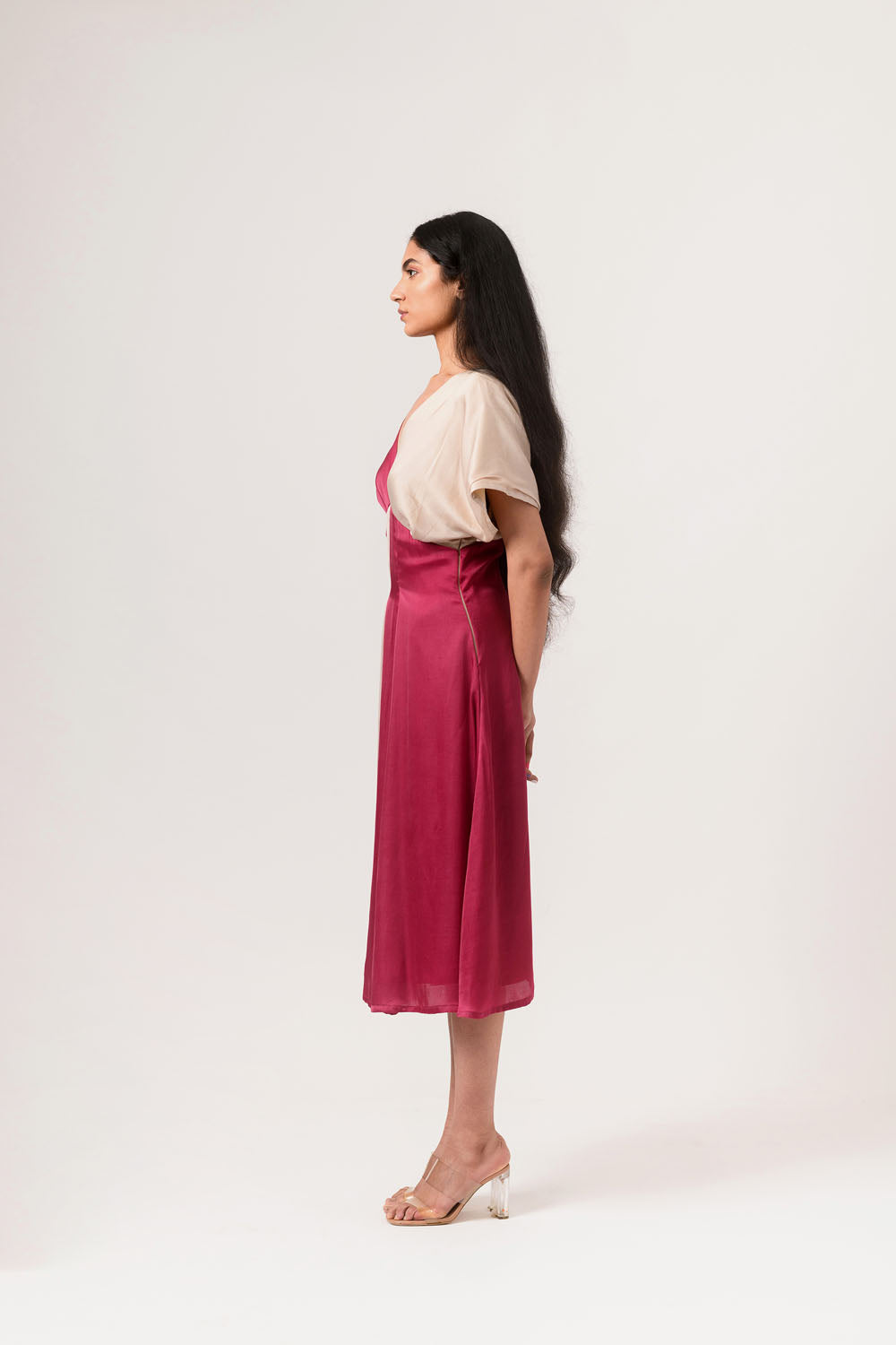 Wine-Ecru Panelled Dress