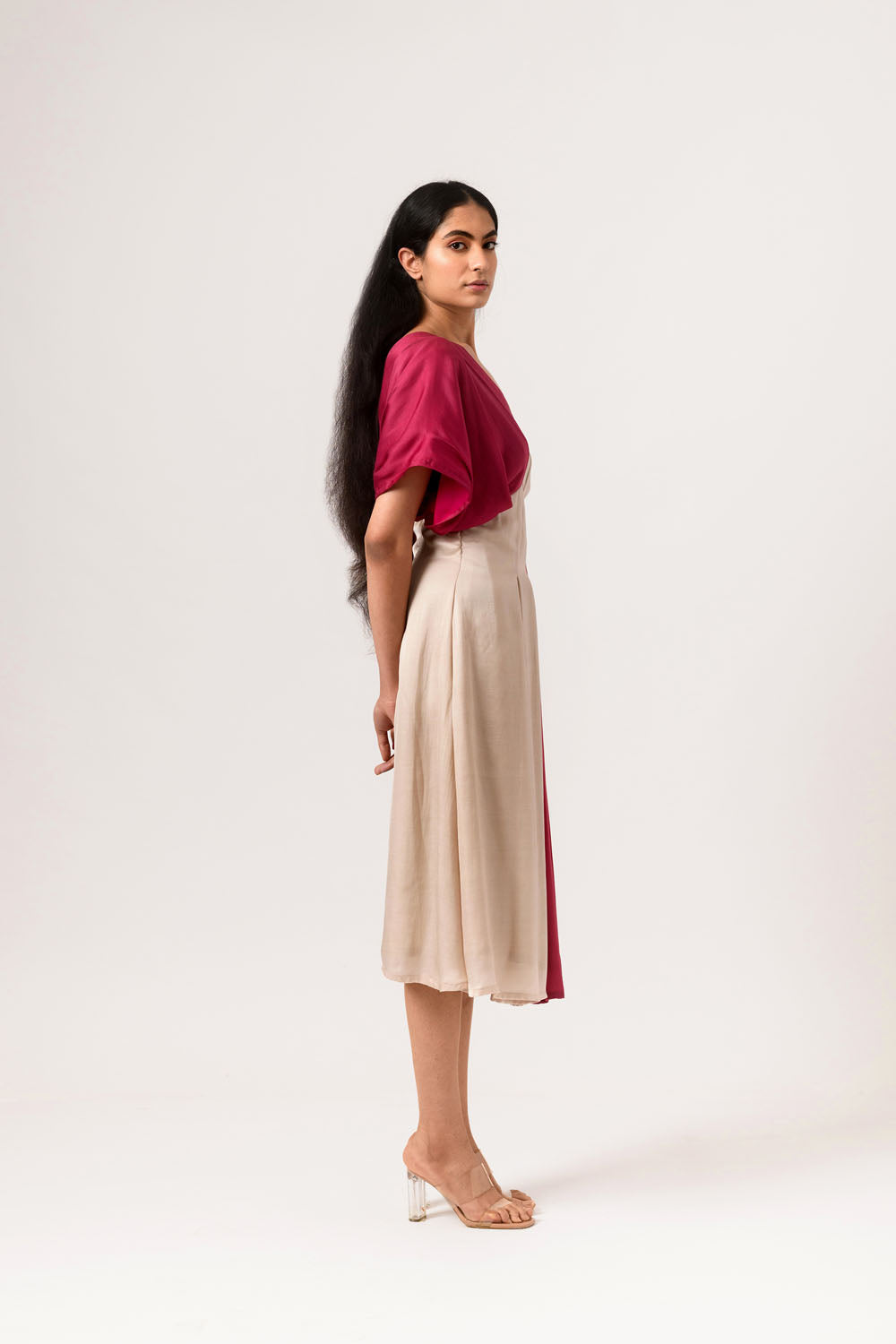 Wine-Ecru Panelled Dress