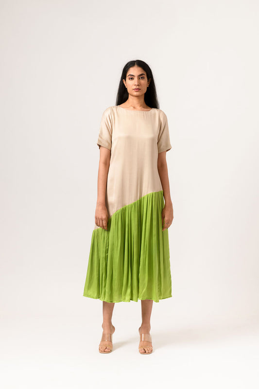 Ecru-Green Gather Dress