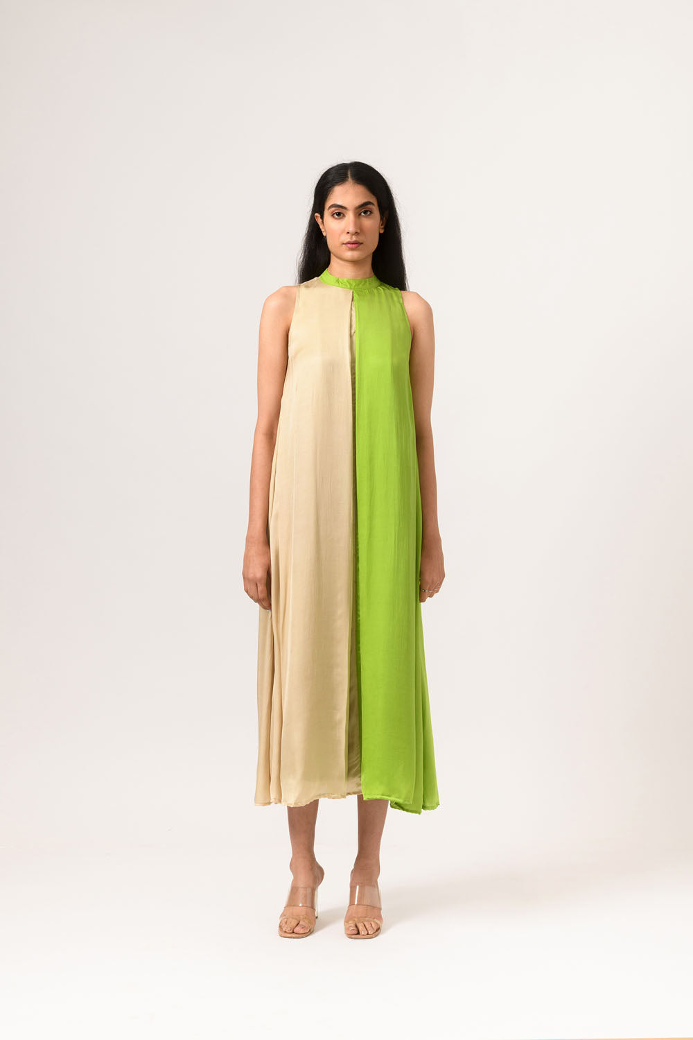 Ecru-Green Halter Neck Dress