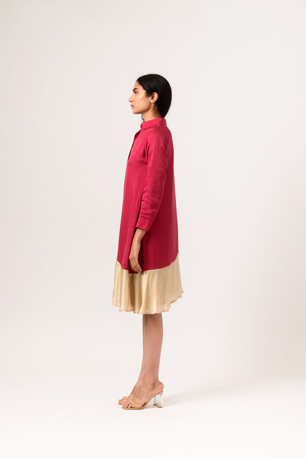 Wine-Ecru Asymmetrical Dress