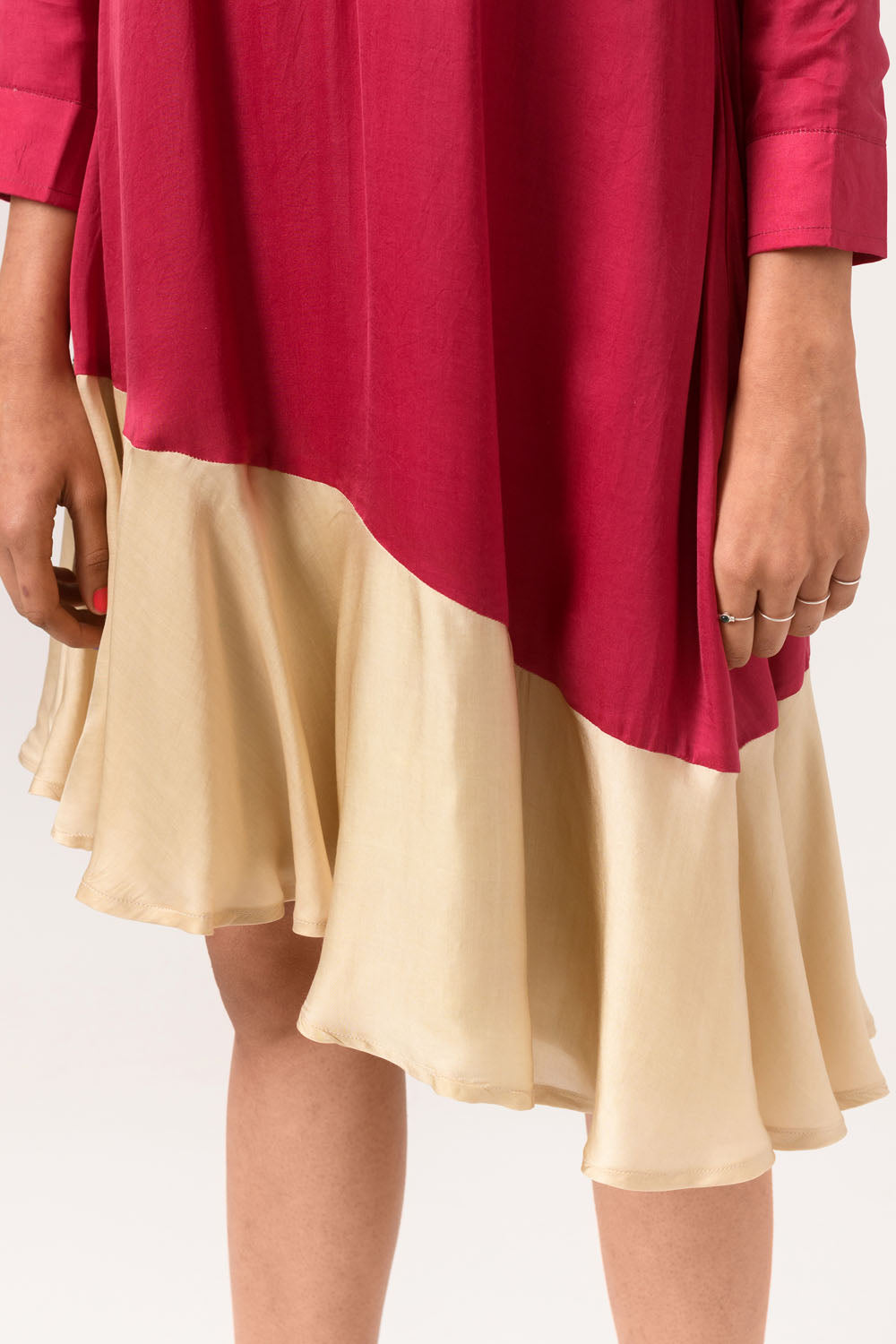 Wine-Ecru Asymmetrical Dress