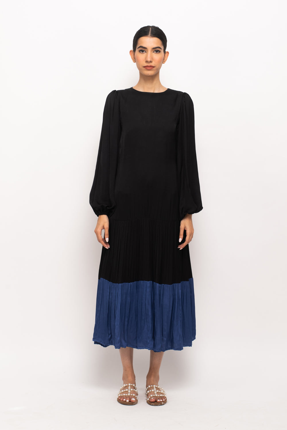 Black-Blue Gather Maxi Dress