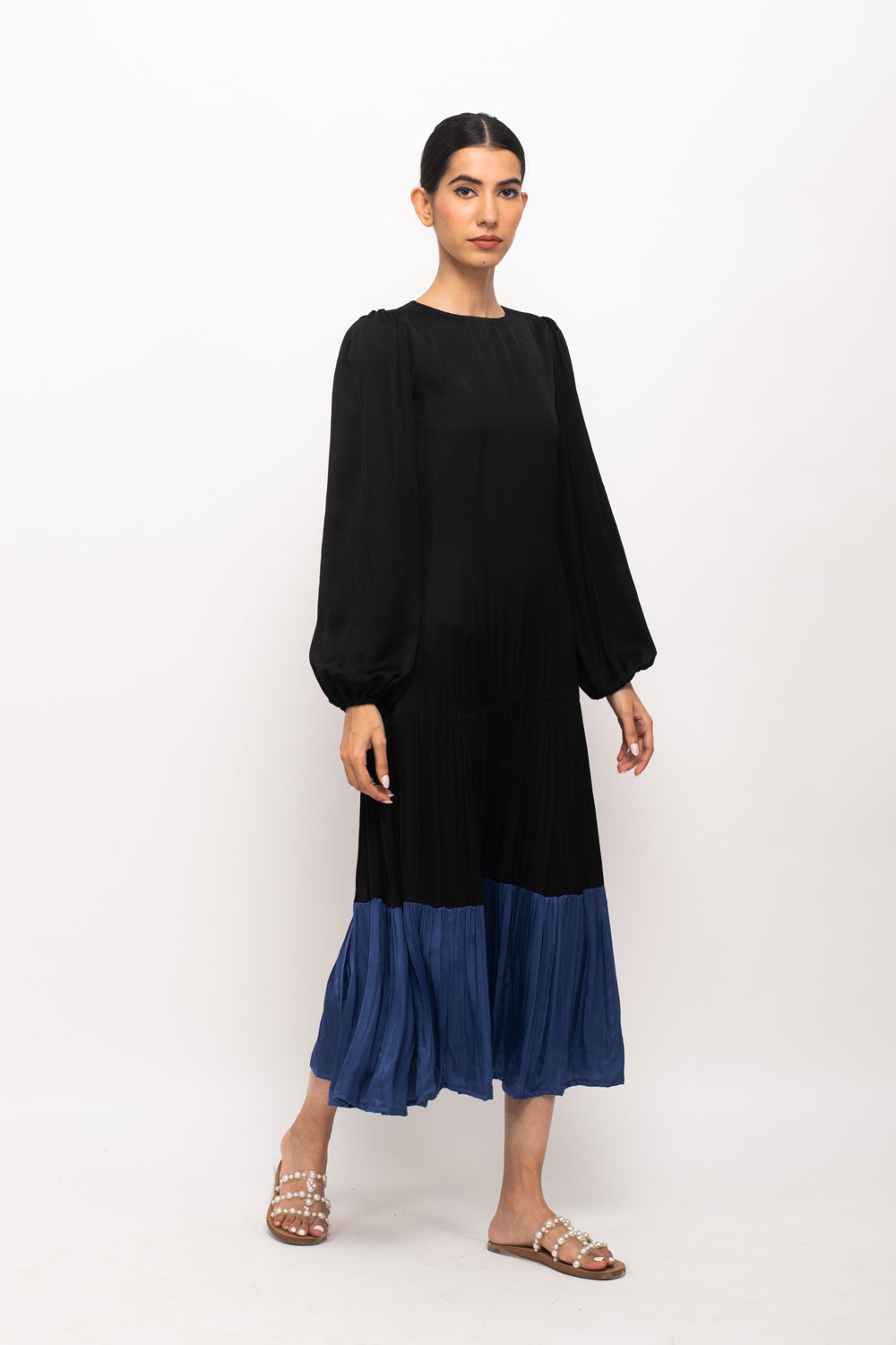 Black-Blue Gather Maxi Dress