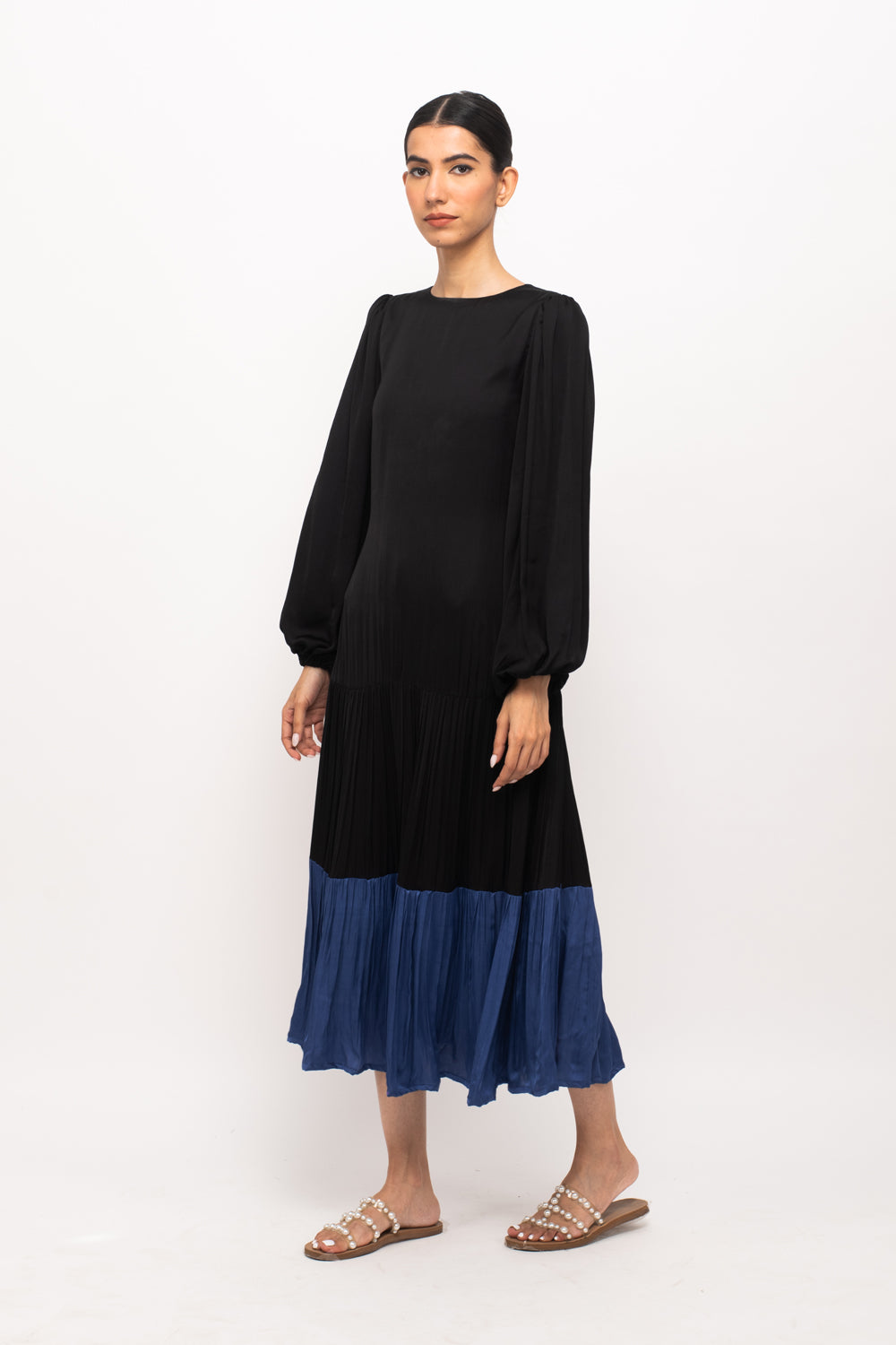 Black-Blue Gather Maxi Dress