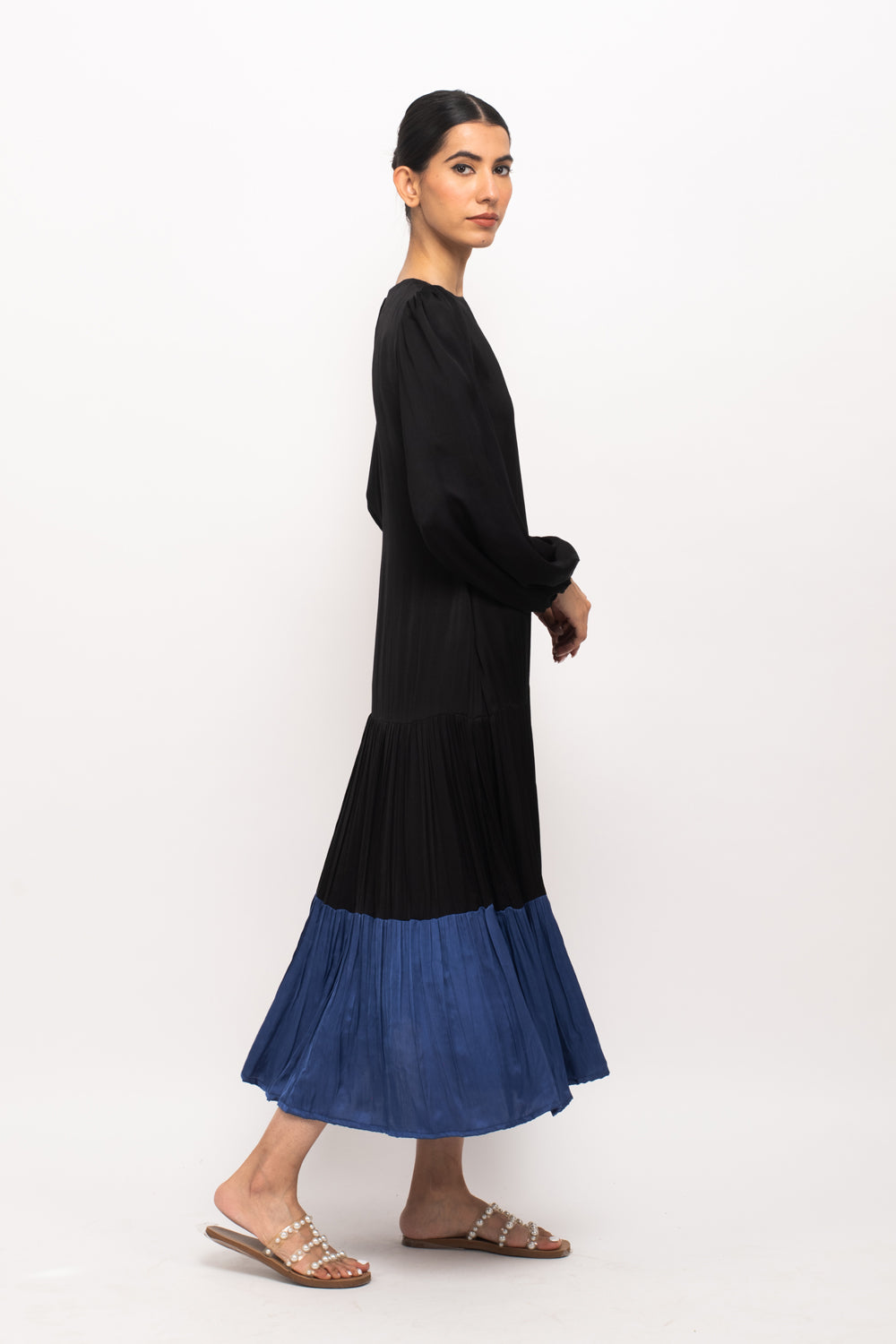 Black-Blue Gather Maxi Dress