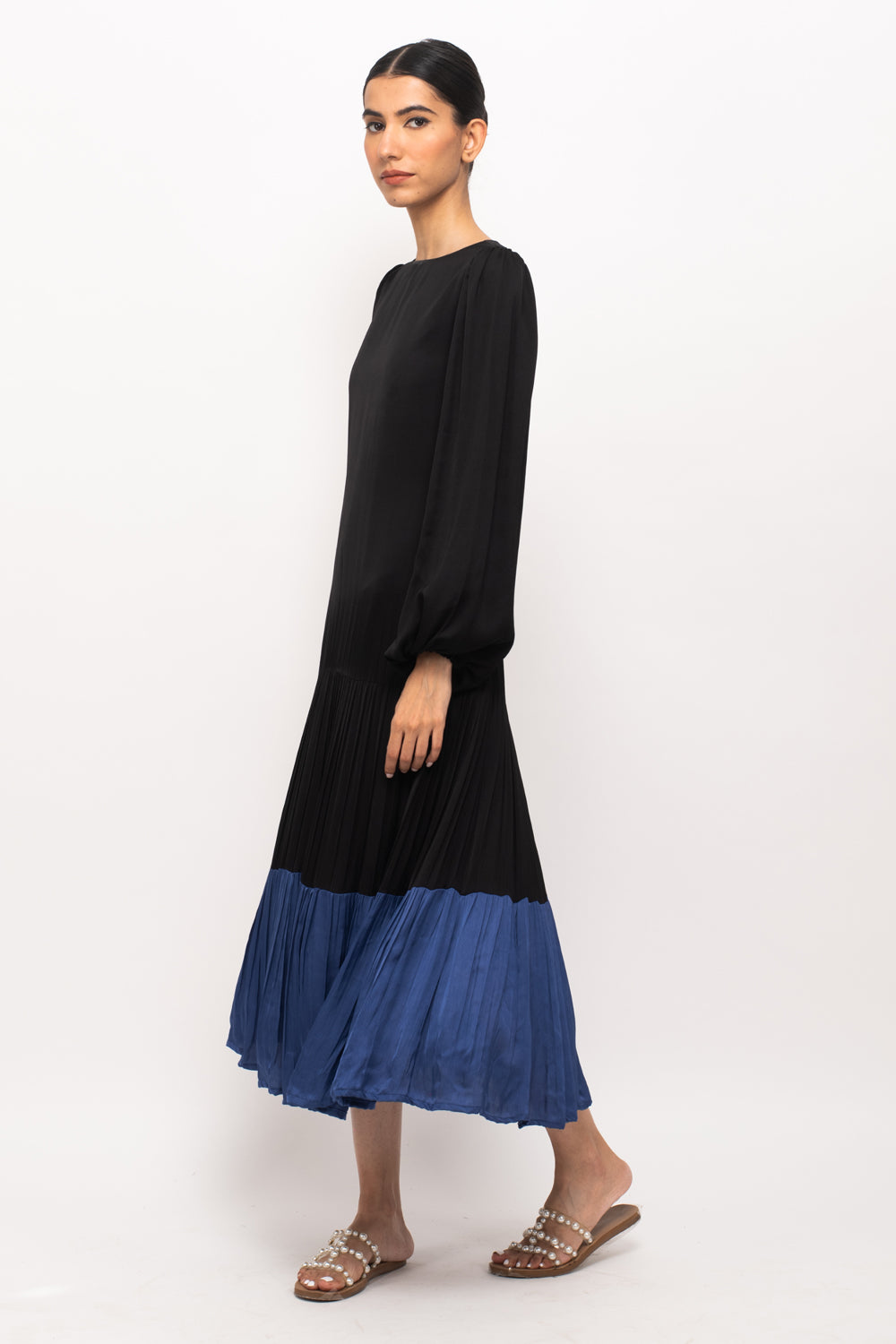 Black-Blue Gather Maxi Dress