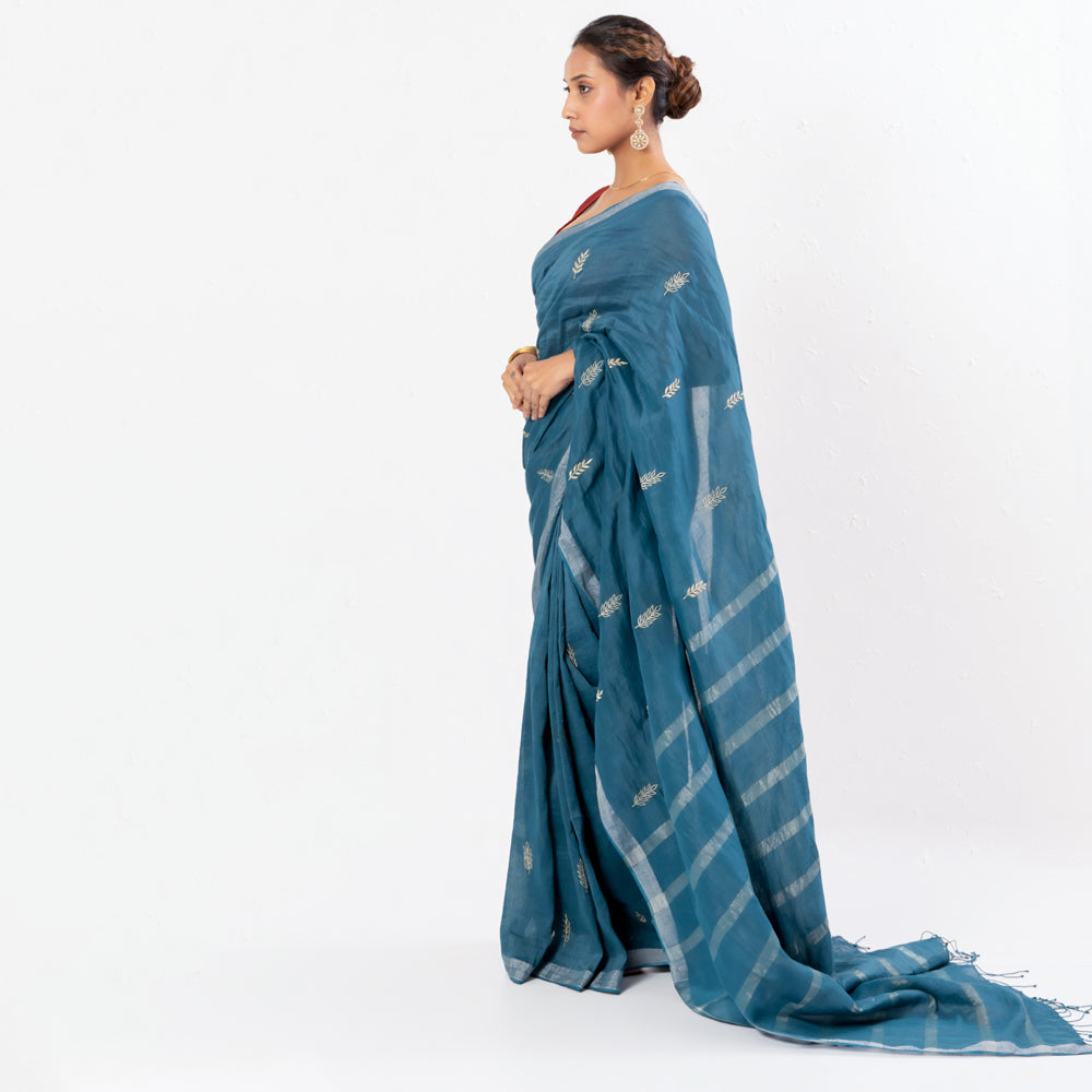 Blue Embroidered Handwoven Linen Saree