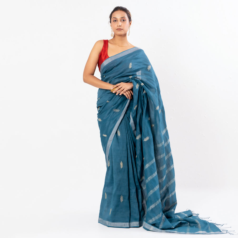 Blue Embroidered Handwoven Linen Saree