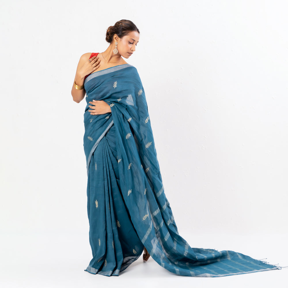 Blue Embroidered Handwoven Linen Saree