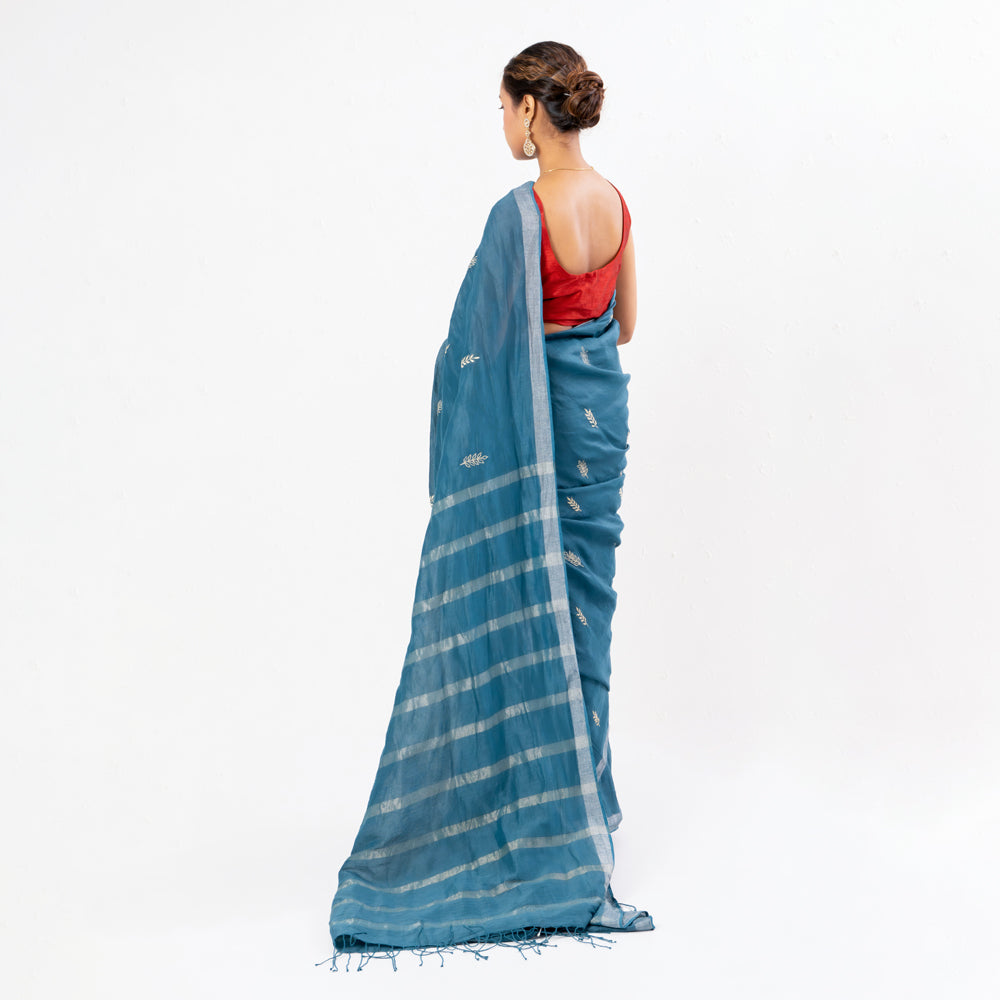 Blue Embroidered Handwoven Linen Saree