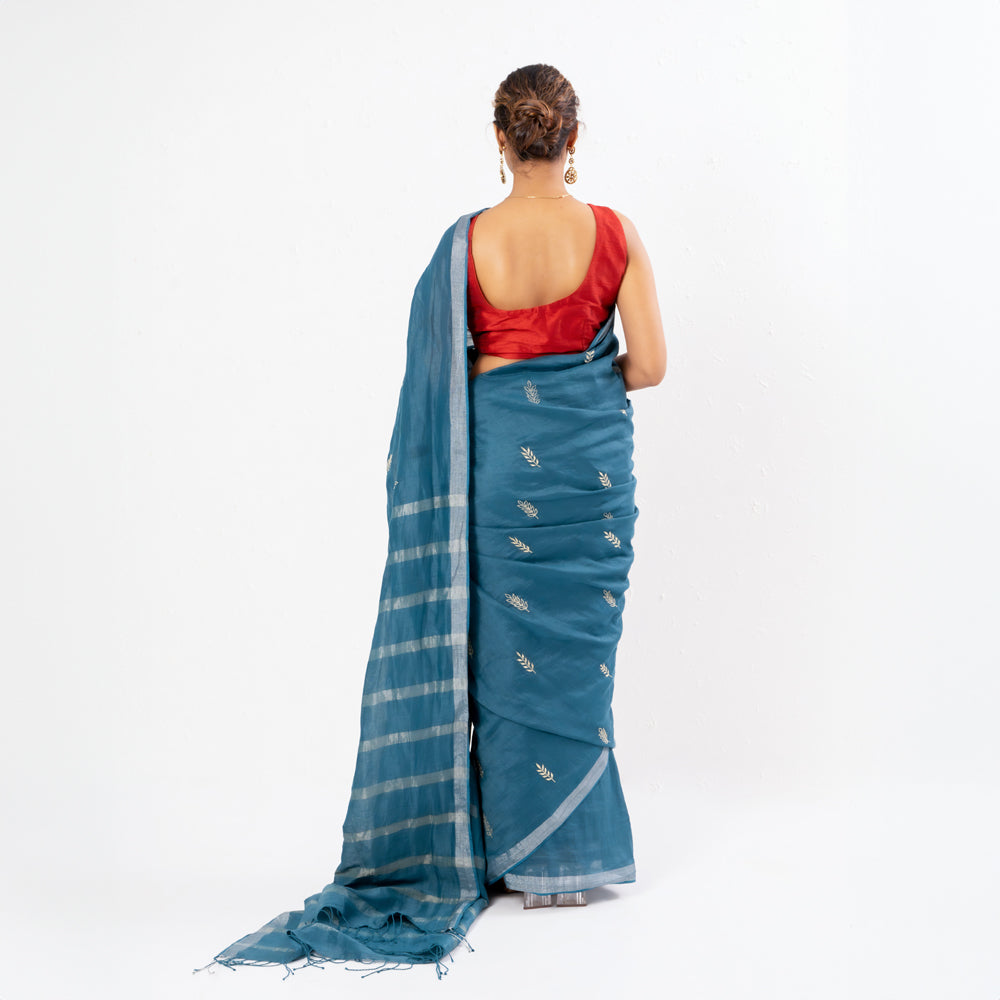 Blue Embroidered Handwoven Linen Saree