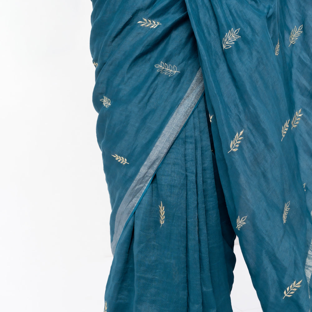 Blue Embroidered Handwoven Linen Saree