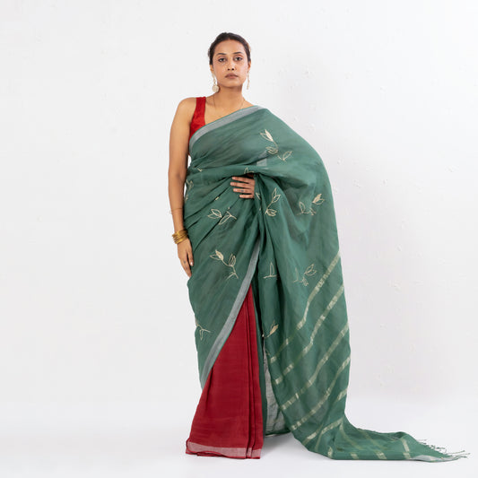 Green Maroon Embroidered Handwoven Linen Saree