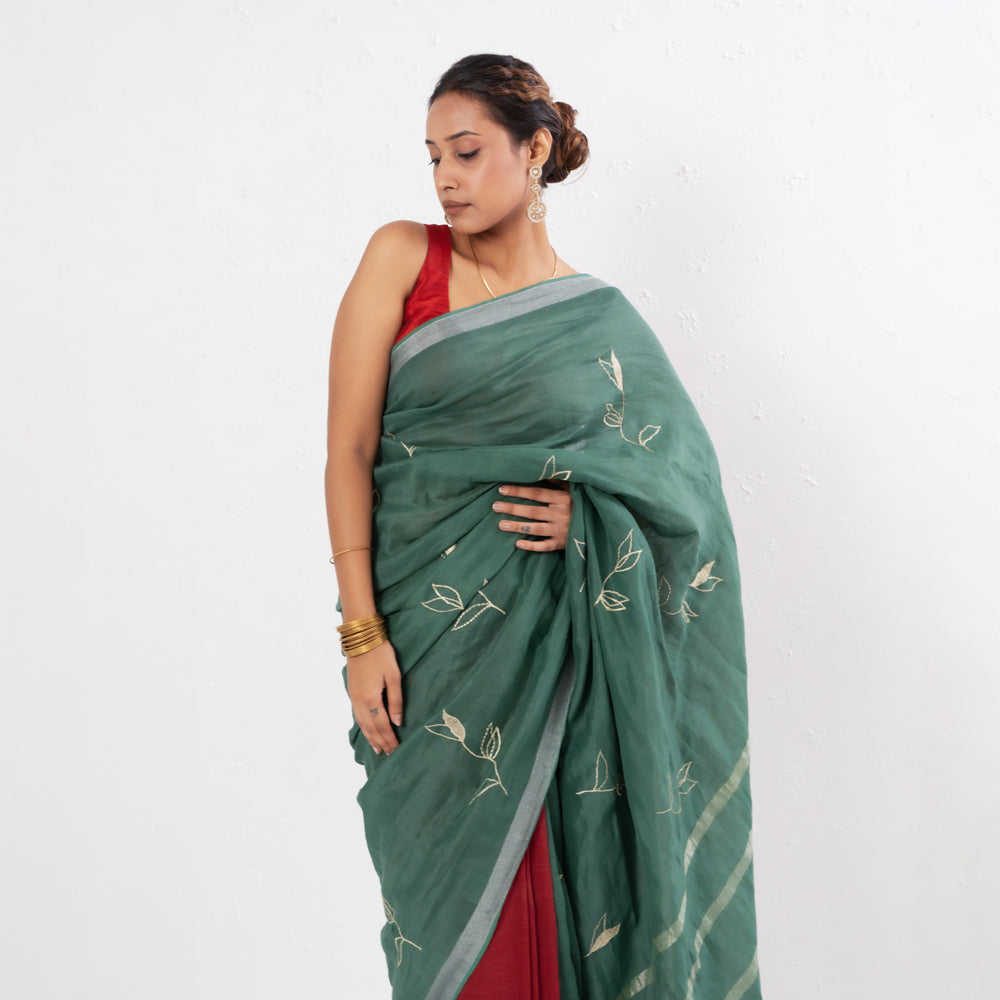 Green Maroon Embroidered Handwoven Linen Saree