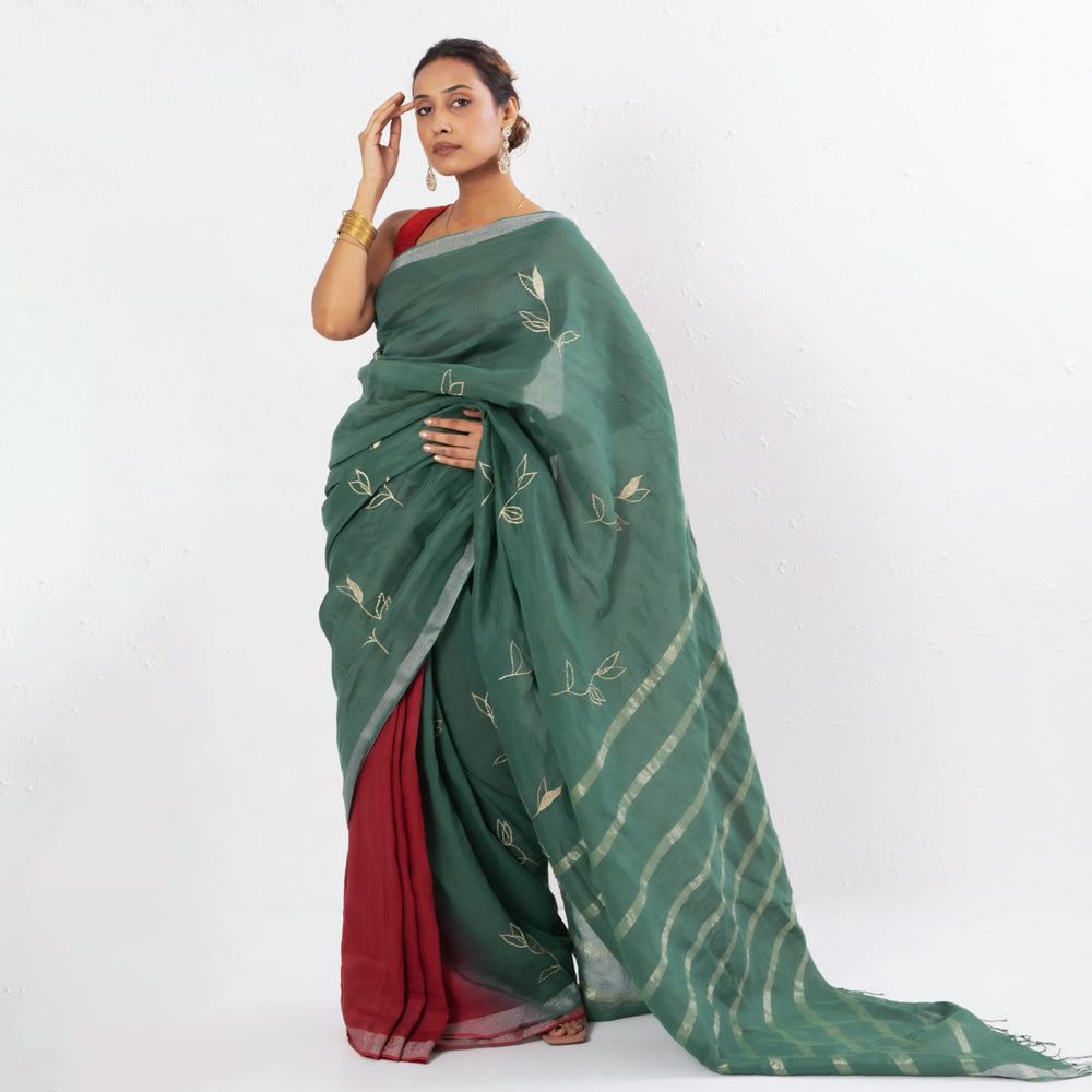 Green Maroon Embroidered Handwoven Linen Saree