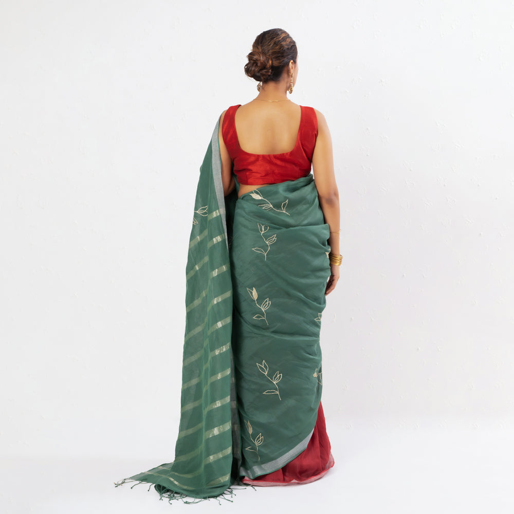 Green Maroon Embroidered Handwoven Linen Saree