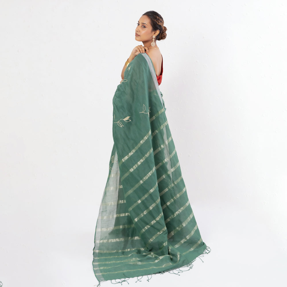 Green Maroon Embroidered Handwoven Linen Saree