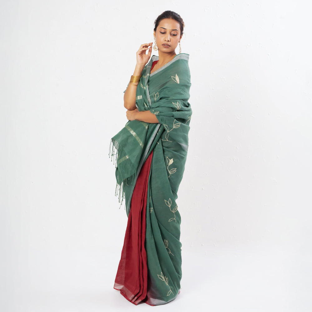 Green Maroon Embroidered Handwoven Linen Saree