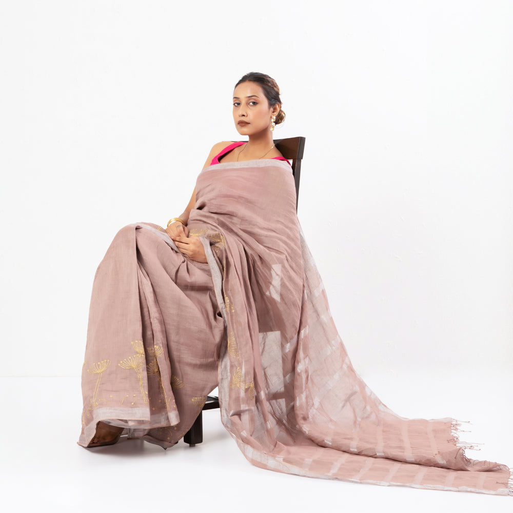 Old Rose Embroidered Handwoven Linen Saree