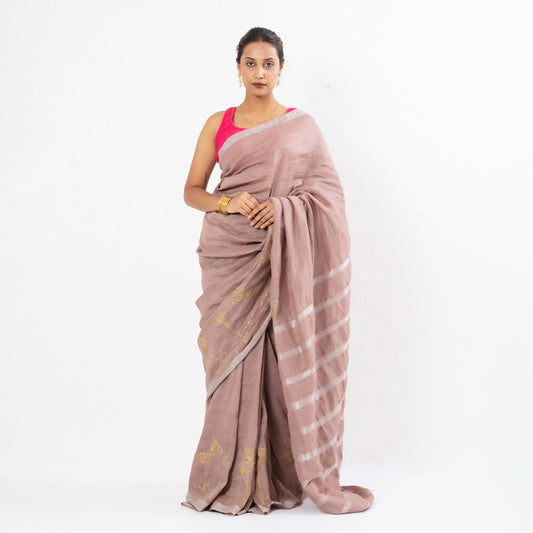 Old Rose Embroidered Handwoven Linen Saree