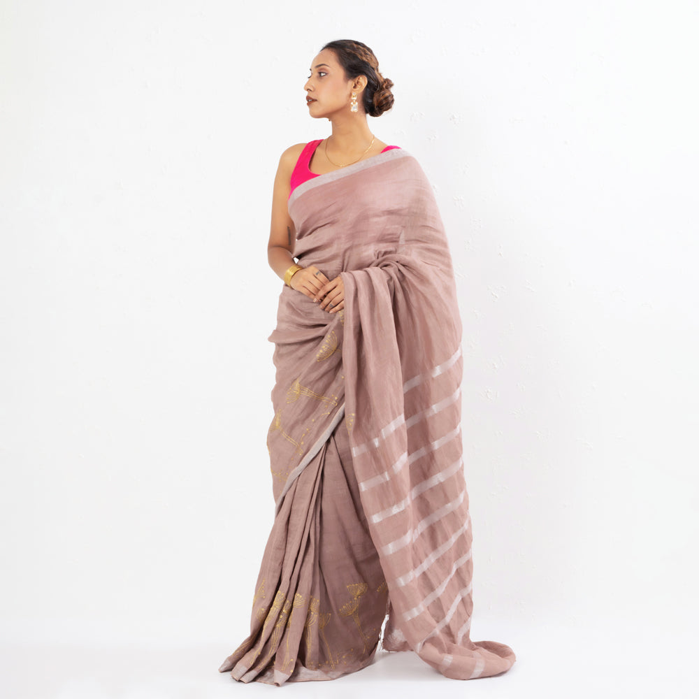 Old Rose Embroidered Handwoven Linen Saree