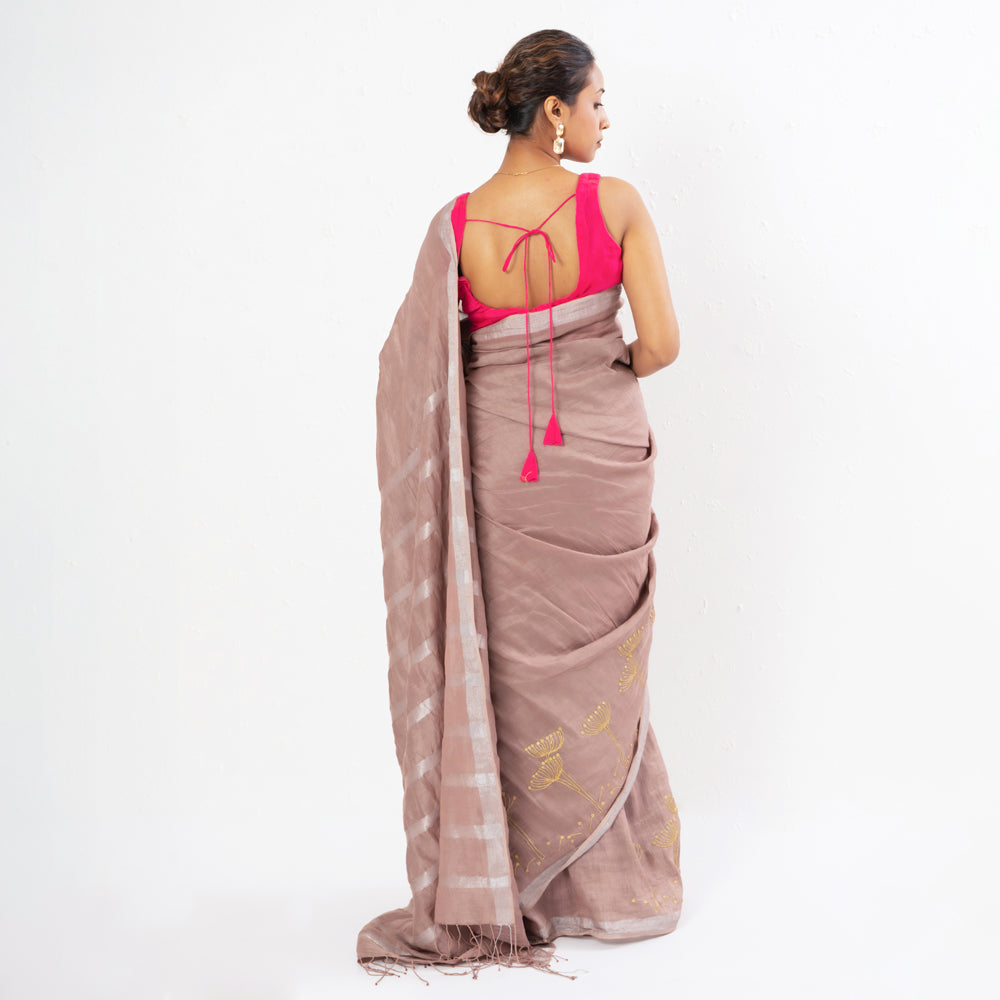 Old Rose Embroidered Handwoven Linen Saree