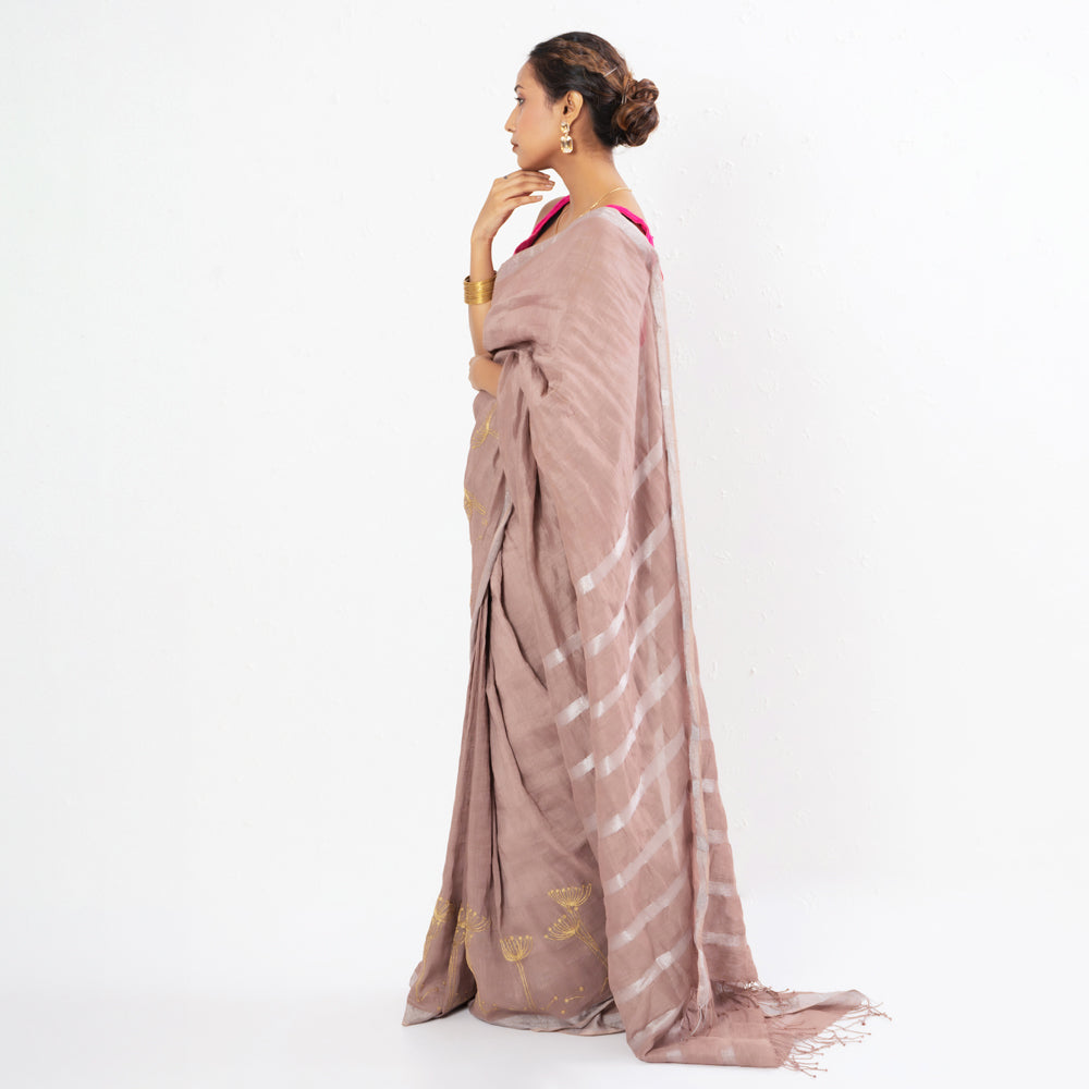 Old Rose Embroidered Handwoven Linen Saree