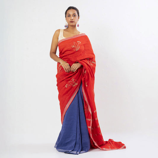 Red Blue Embroidered Handwoven Linen Saree