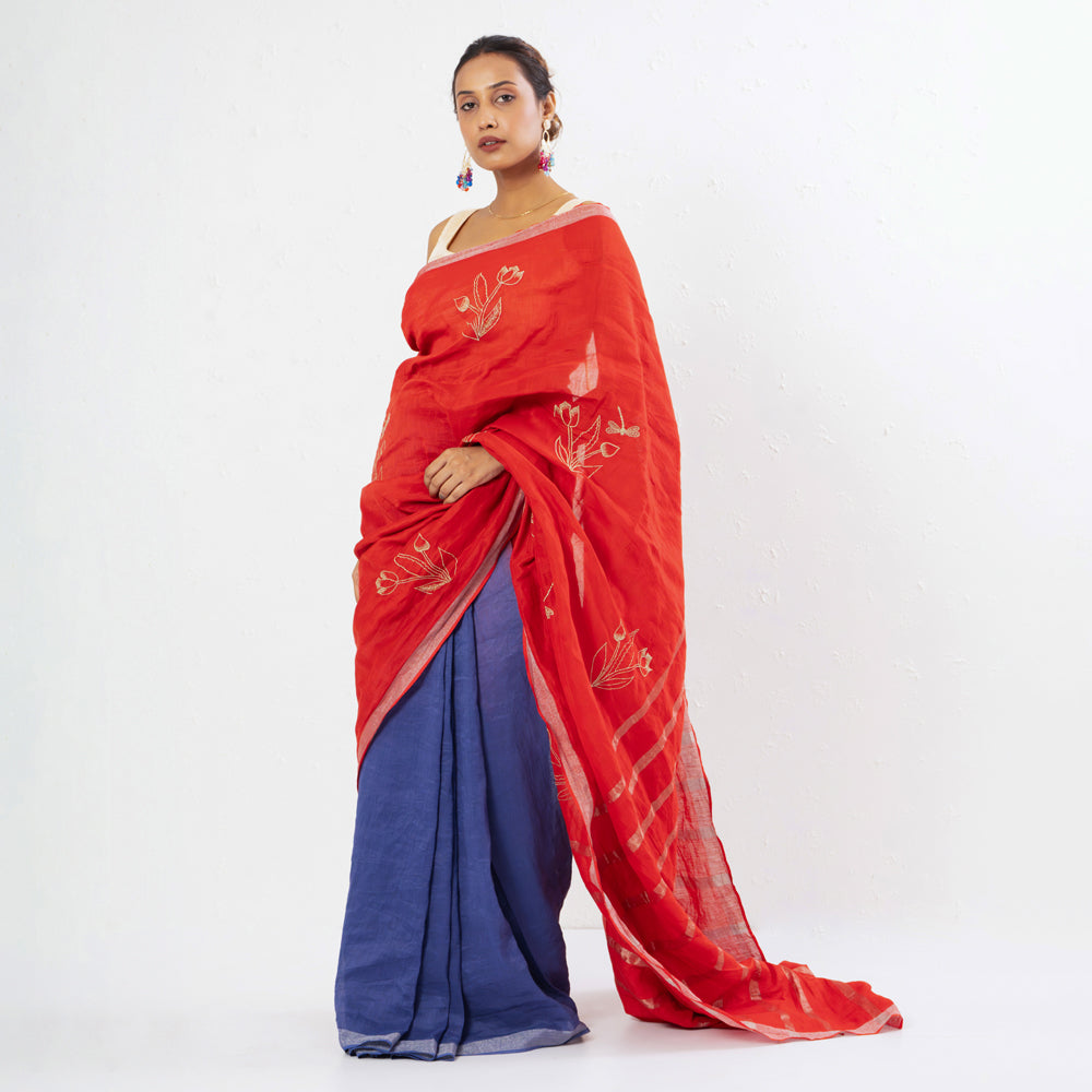 Red Blue Embroidered Handwoven Linen Saree