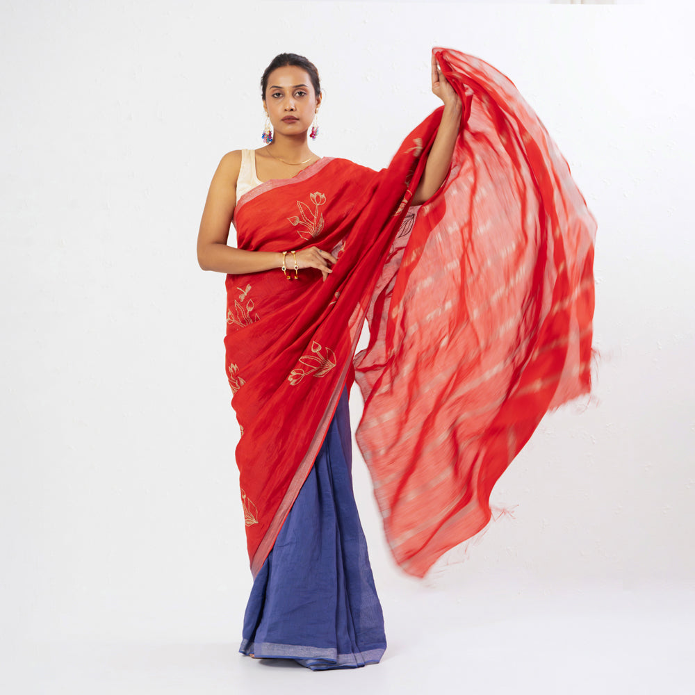 Red Blue Embroidered Handwoven Linen Saree