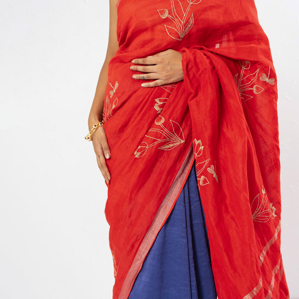 Red Blue Embroidered Handwoven Linen Saree