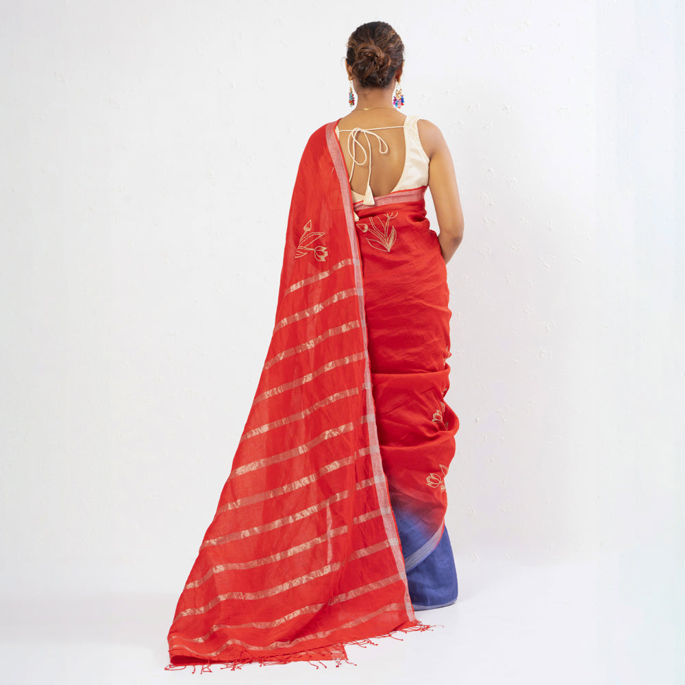 Red Blue Embroidered Handwoven Linen Saree