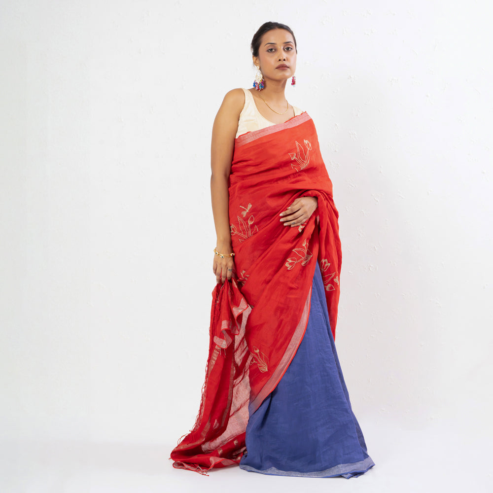 Red Blue Embroidered Handwoven Linen Saree