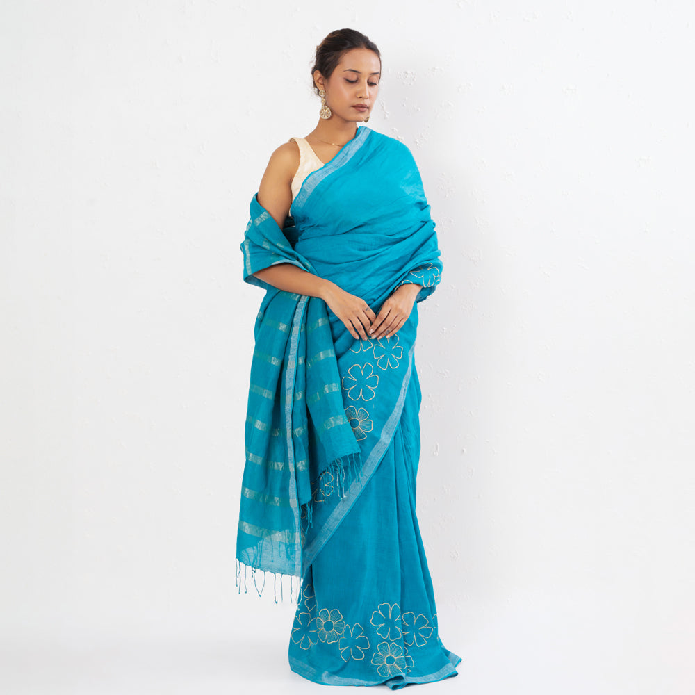 Cyan Blue Embroidered Handwoven Linen Saree