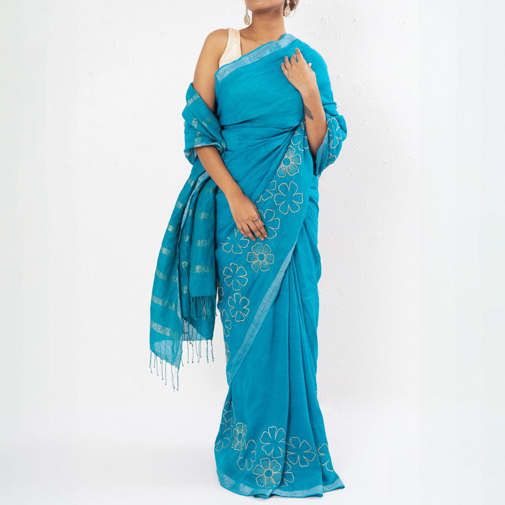 Cyan Blue Embroidered Handwoven Linen Saree