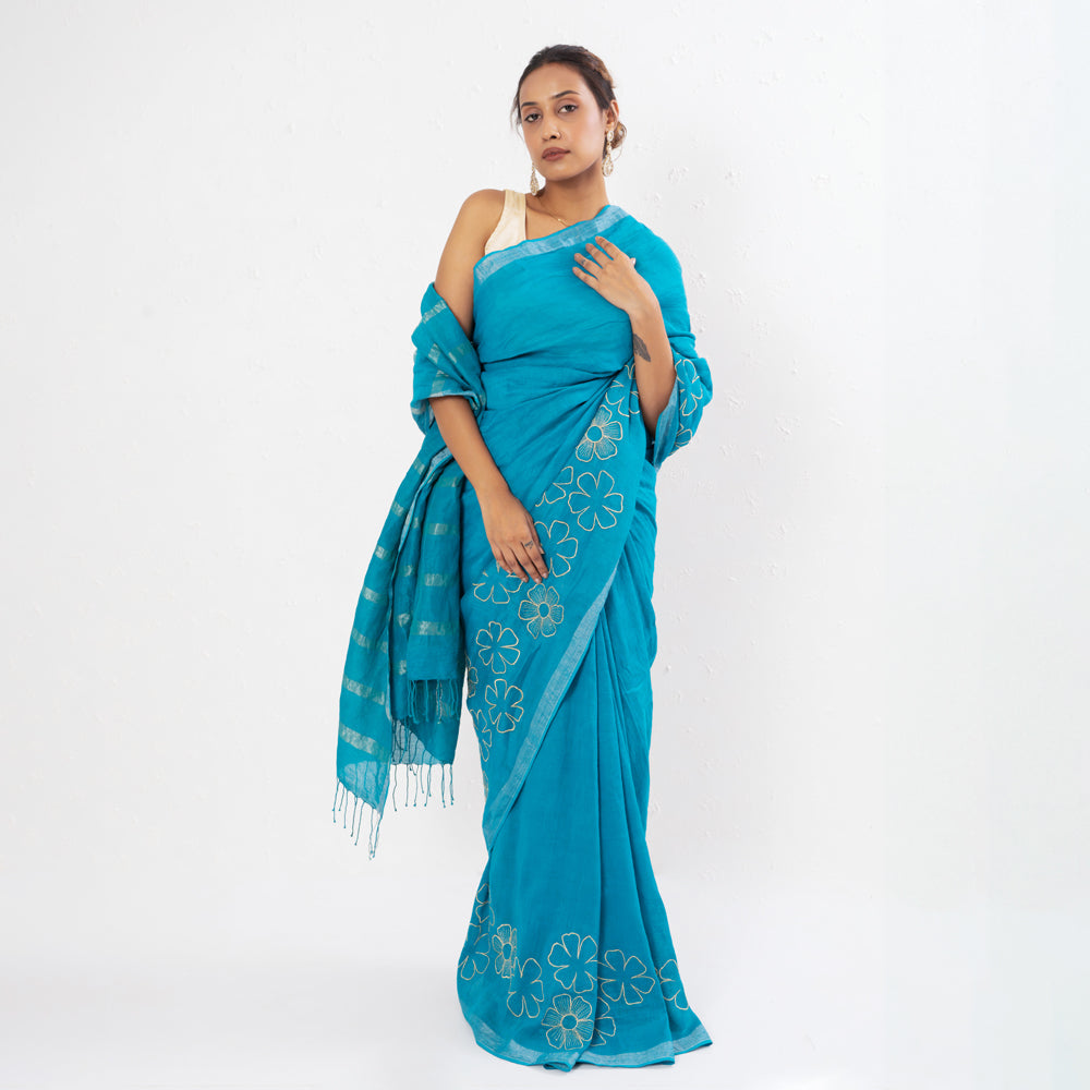 Cyan Blue Embroidered Handwoven Linen Saree