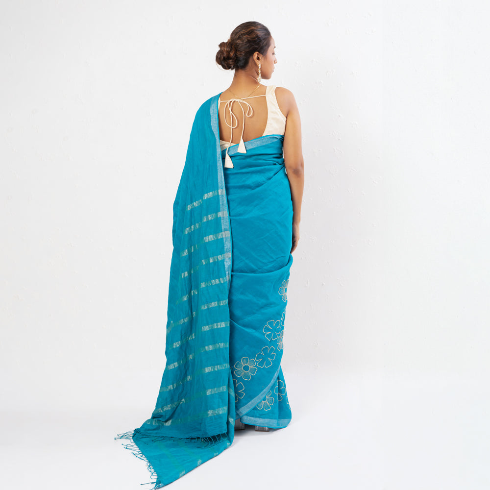 Cyan Blue Embroidered Handwoven Linen Saree