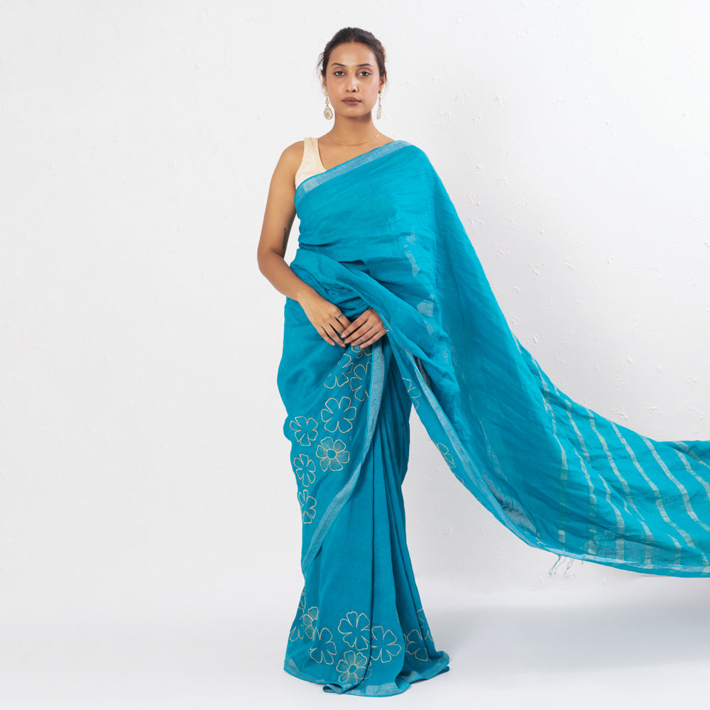 Cyan Blue Embroidered Handwoven Linen Saree