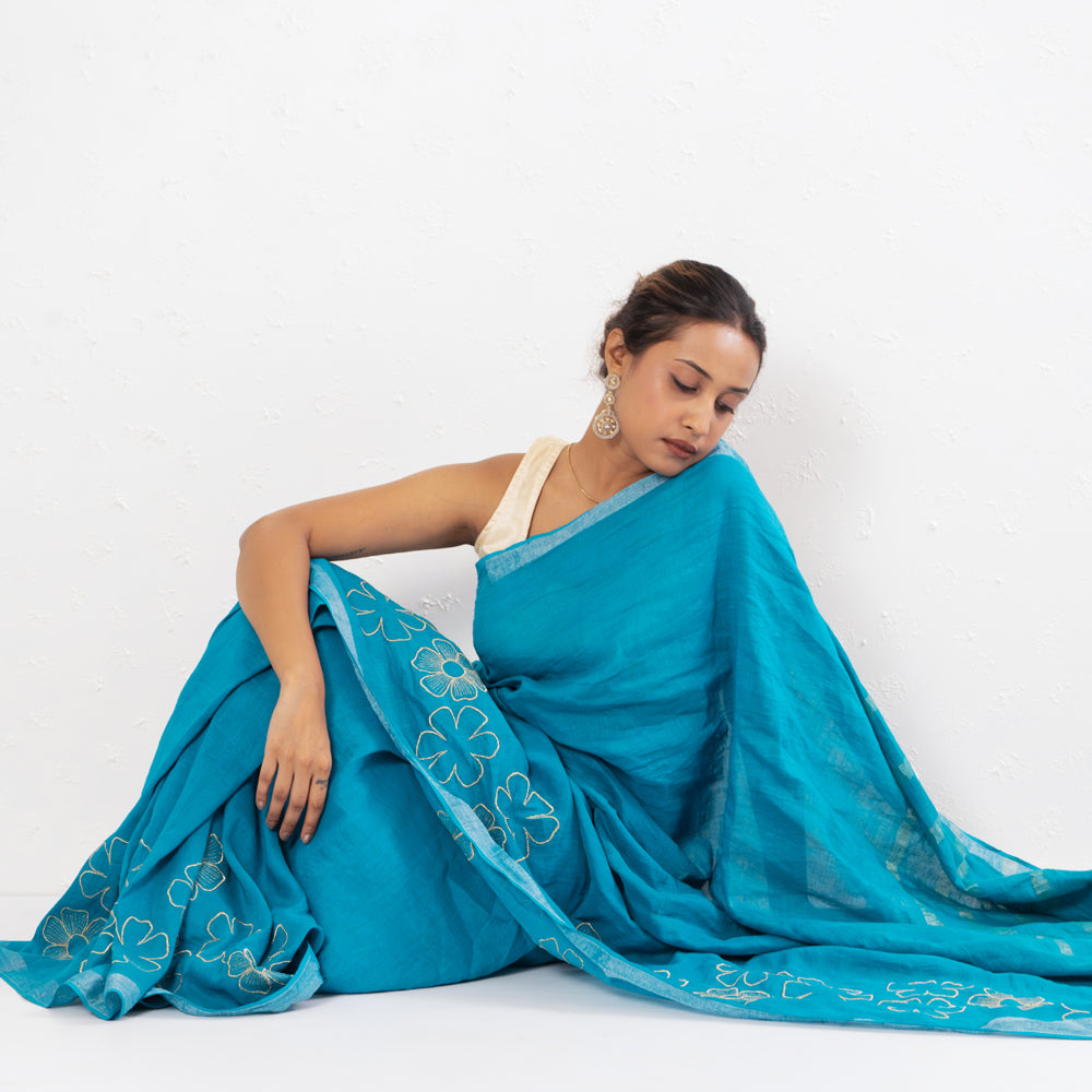 Cyan Blue Embroidered Handwoven Linen Saree