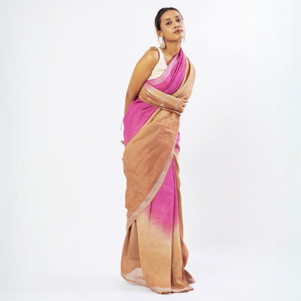 Pink Brown Handwoven Linen Saree