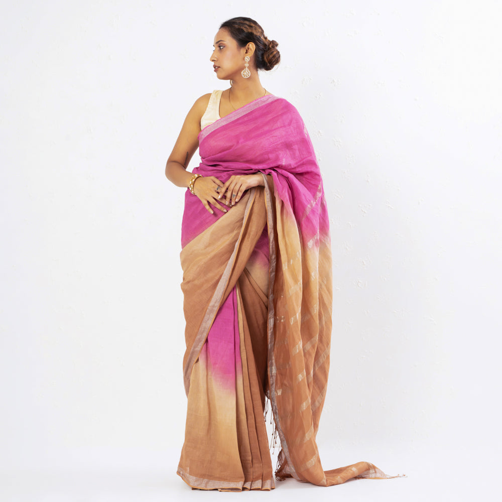 Pink Brown Handwoven Linen Saree