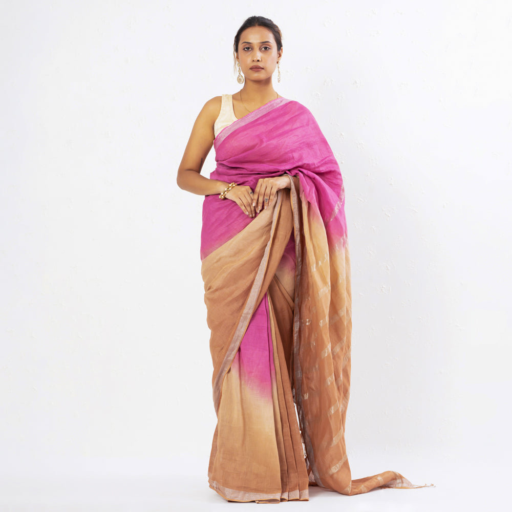 Pink Brown Handwoven Linen Saree