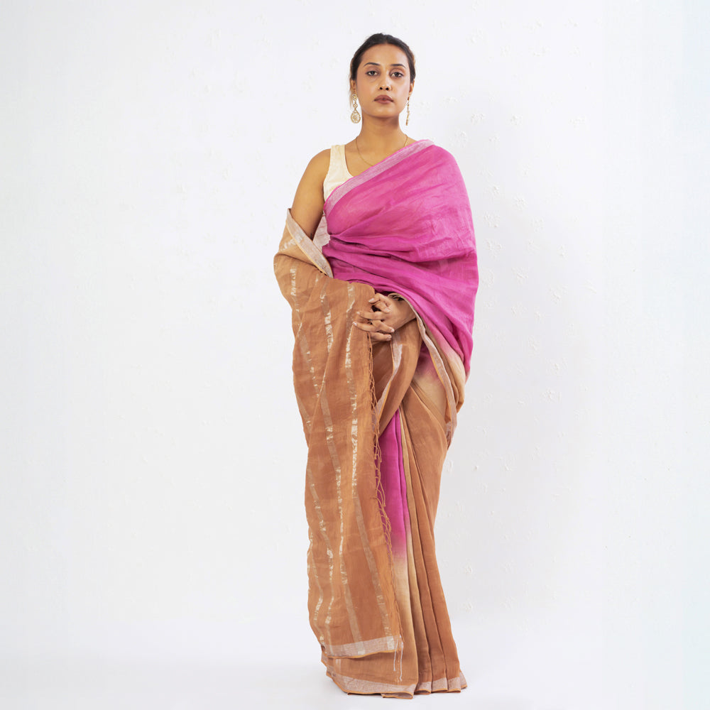 Pink Brown Handwoven Linen Saree