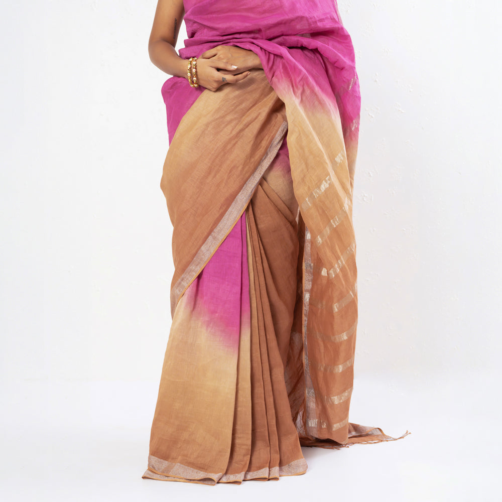 Pink Brown Handwoven Linen Saree