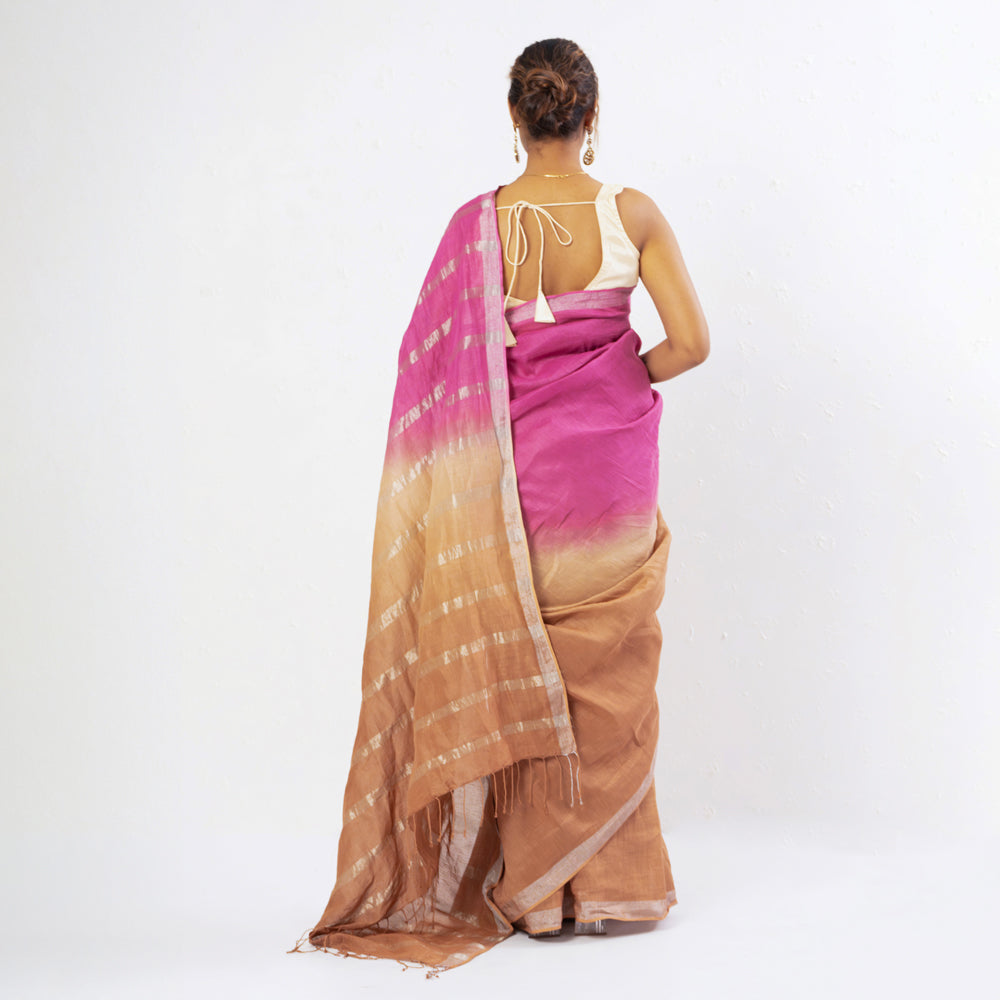 Pink Brown Handwoven Linen Saree